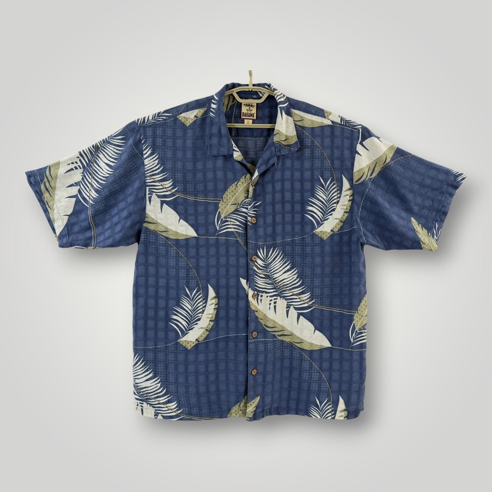 Tommy Bahama Mens XL Blue Silk Tropical Palm Leaf Textured Camp Shirt SS